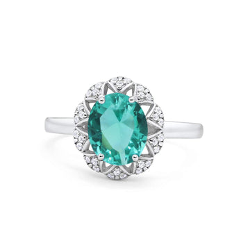 Oval Wedding Ring Halo Simulated Paraiba Tourmaline CZ 925 Sterling Silver